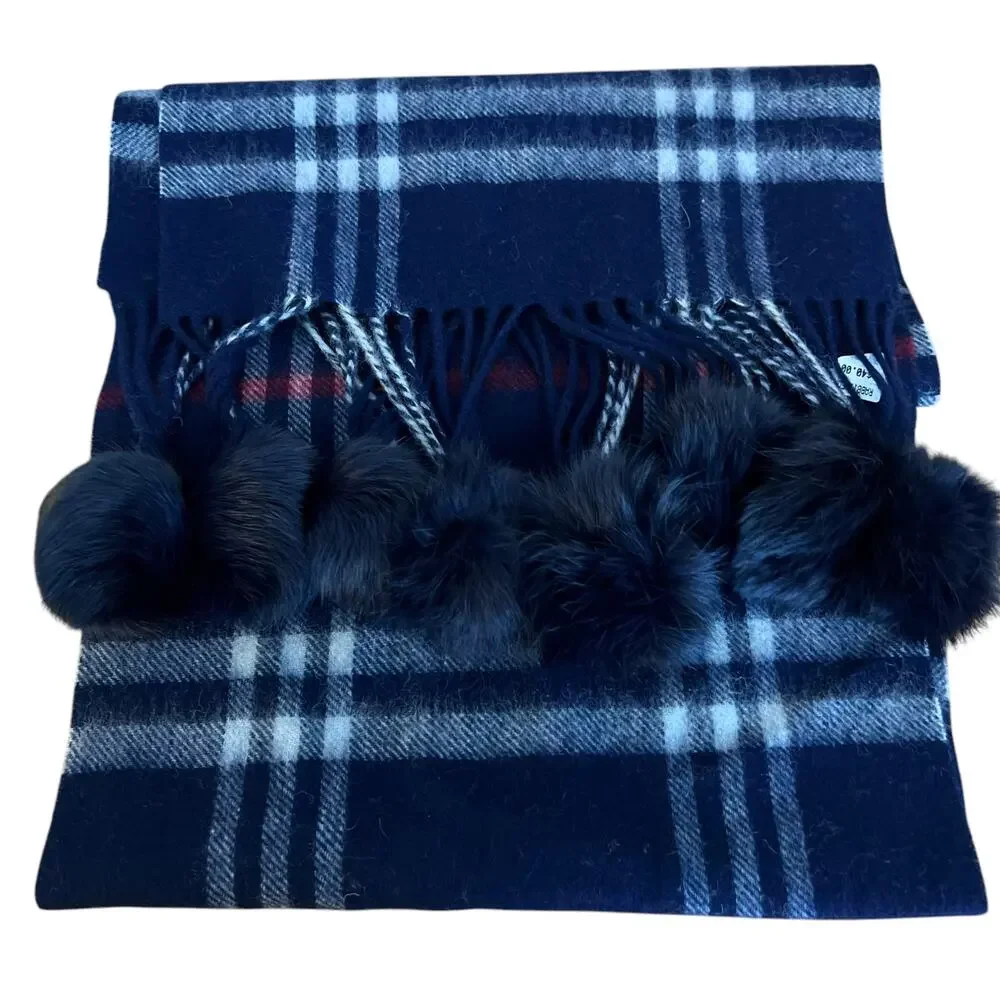 Cashmere Scarf Hand Tailored With Rabbit Fur Pom Poms size OS